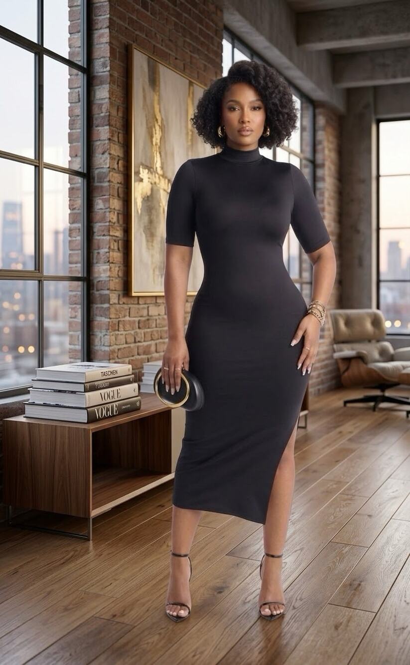 Fashion Nova Contoured Double Lined Turtle Neck Midi Dress, Black, Size XL